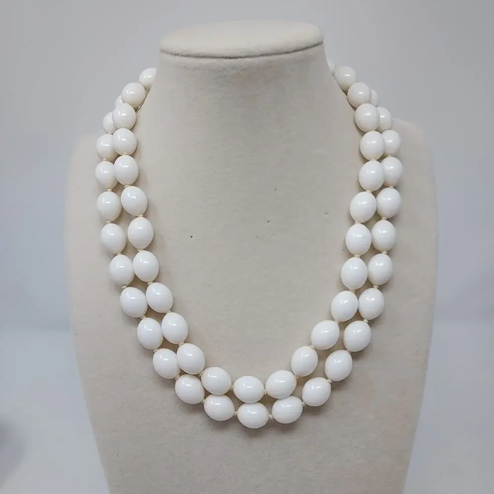 Vintage Trifari Hand Knotted 2 Strand White Beaded Necklace Enamel Clasp Signed